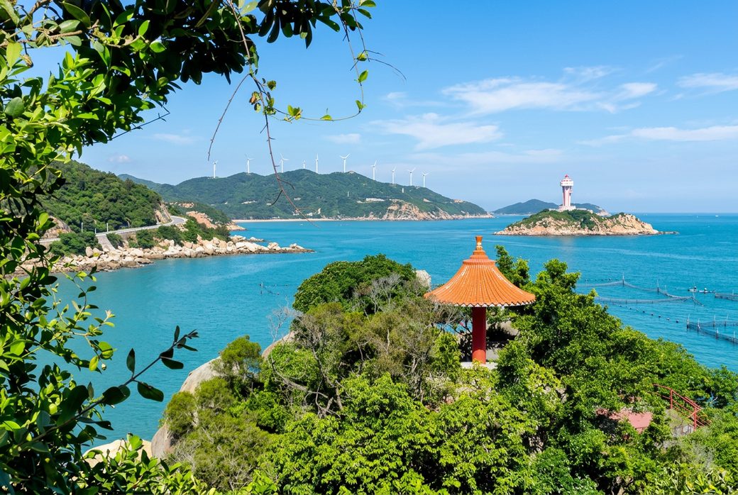 Nan'ao Island Shantou panorama blue sea sky mountain wind turbines East Guangdong only island county magnificent scenery