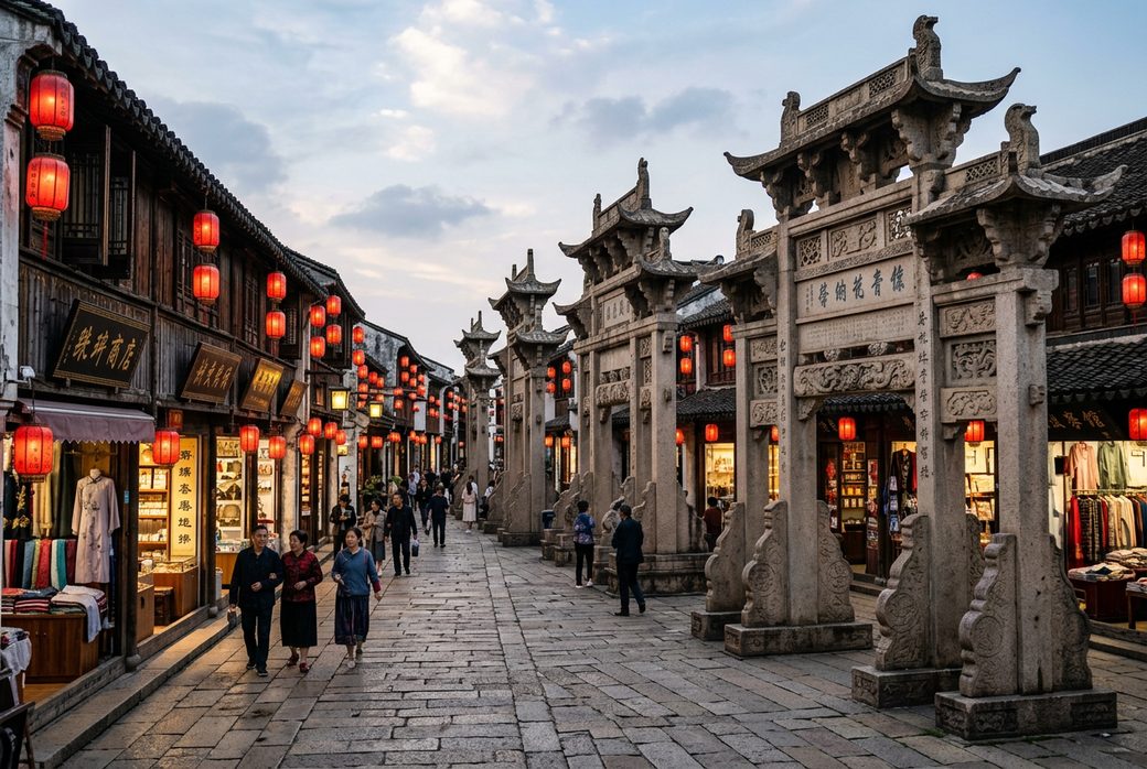 Chaozhou Memorial Archway Street Ming Qing stone archways ancient street historical buildings lanterns Chaoshan culture ancient city