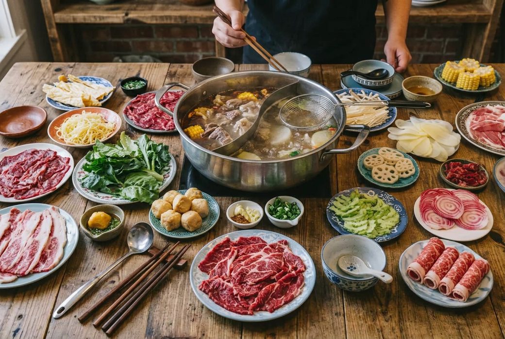Chaoshan beef hotpot elegant presentation fresh hand-made beef balls tenderloin hanging dragon sliced satay sauce Chaoshan food