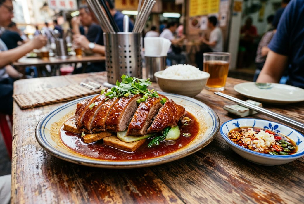 Chaoshan braised goose elegant plating whole cut pieces deep red glossy braising sauce Chenghai lion head goose heritage centerpiece