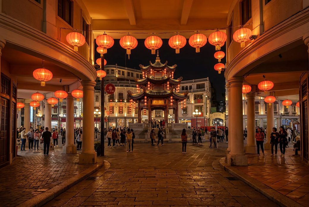 Shantou Small Park arcade historical district night stroll lights lit arcade corridor light shadow overseas Chinese culture immersive