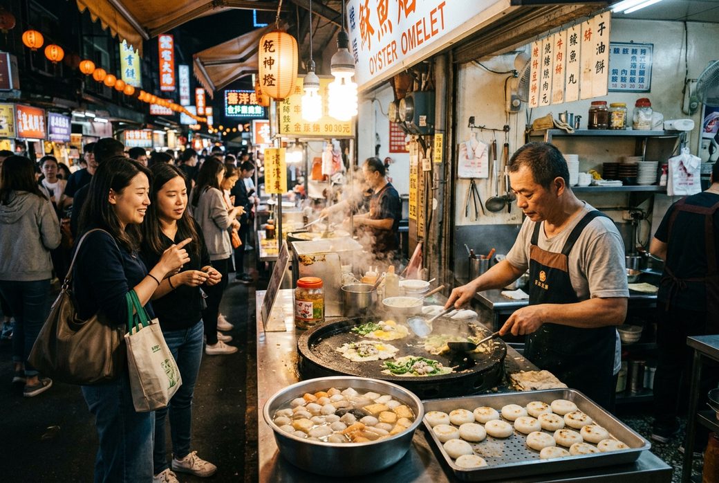 Chaoshan food journey Shantou tourists tasting street food oyster omelette tofu cake fish balls variety lively atmosphere