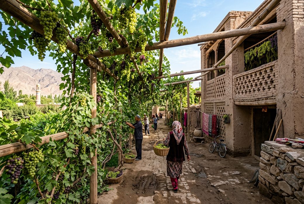 Turpan grape trellis corridor green vines and brick drying house in the oasis village morning light Xinjiang
