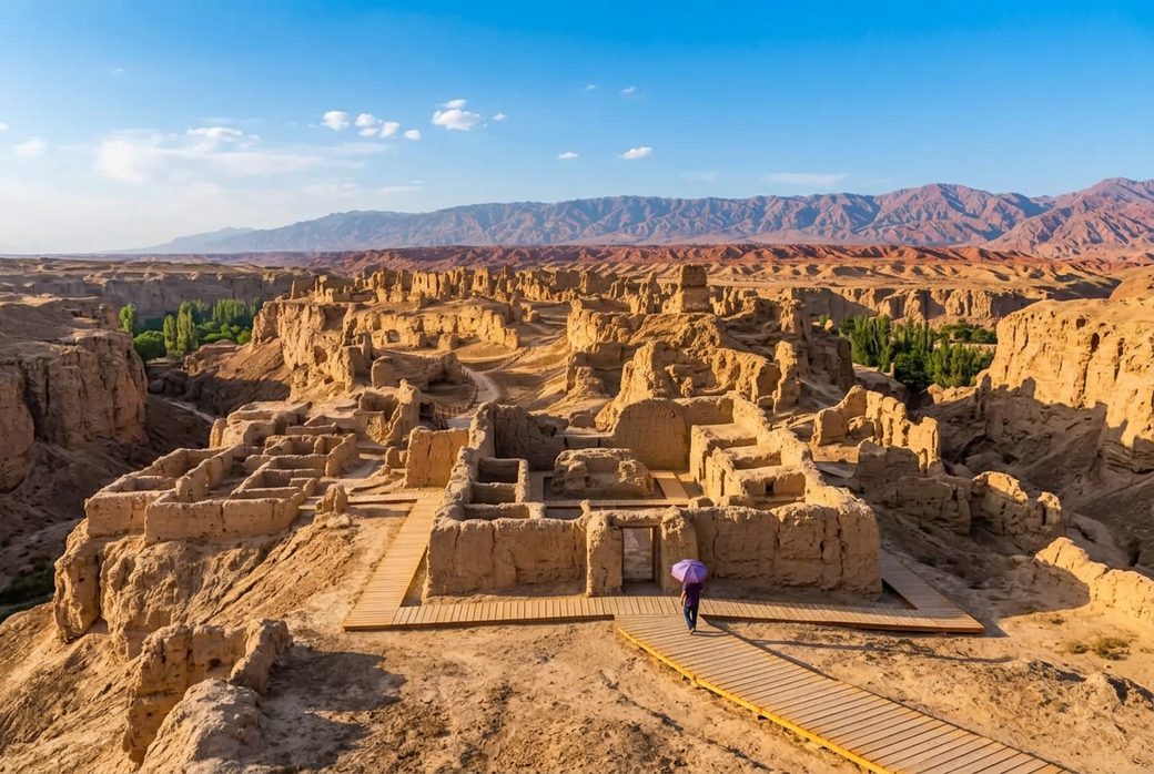 Jiaohe Ruins ancient earthen city on a plateau between river valleys with streets and temple foundations Turpan Xinjiang