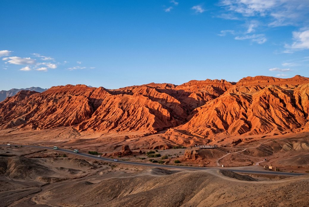 Flaming Mountains red eroded ridges glowing in sun Turpan Xinjiang desert landscape