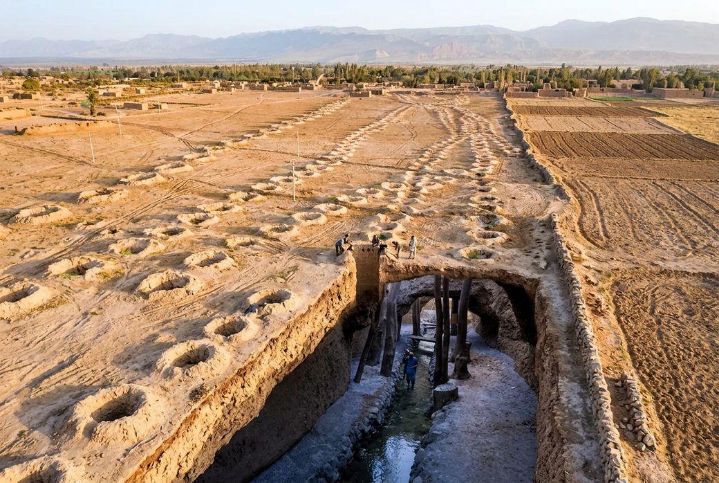 Karez wells earth mounds in a row stretching across the desert plain Turpan underground irrigation