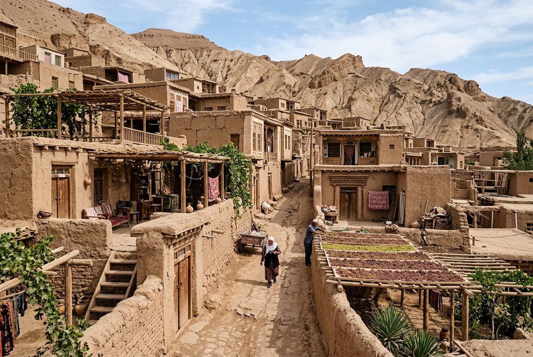 Tuyoq Valley village mud-brick houses grape racks hillside narrow lane Turpan