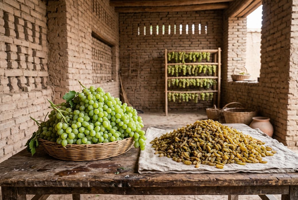Turpan seedless green grapes and raisins heaped on a table in a brick drying house Xinjiang