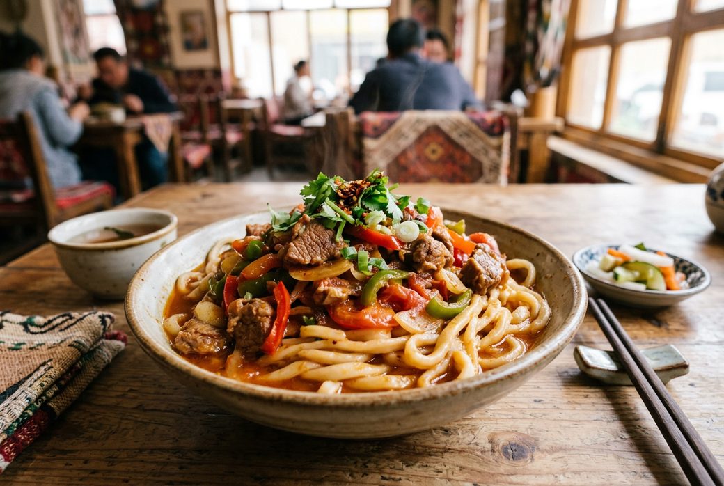 Laghman hand-pulled noodles topped with stir-fried lamb peppers and tomato Xinjiang bowl