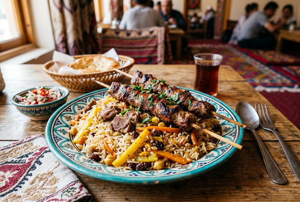 Lamb kebabs and polo pilaf with carrots and raisins on a plate Xinjiang festive meal