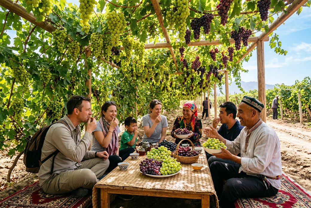 Visitors tasting grapes in a Turpan vineyard under vines with a local family host