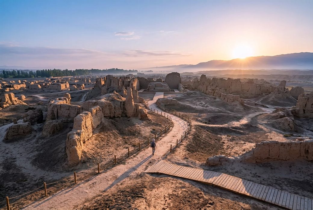 Walker on the ruins of Jiaohe at dawn early morning light long shadows earthen city