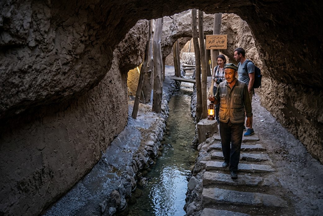 Guide leading visitors underground into a karez tunnel stone steps dim light Turpan