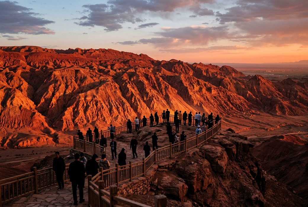 Flaming Mountains at sunset red ridges glowing viewpoint with visitors silhouettes Turpan