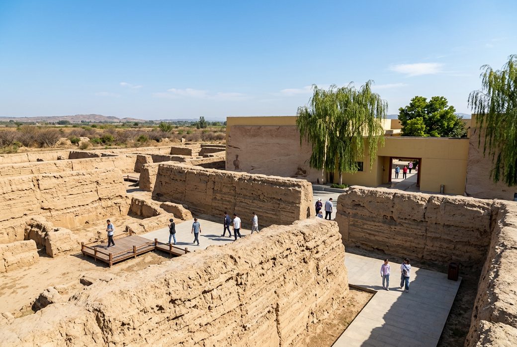 Qin dynasty rammed earth palace foundation site in Xianyang with museum pavilion and visitors walking under blue sky Shaanxi