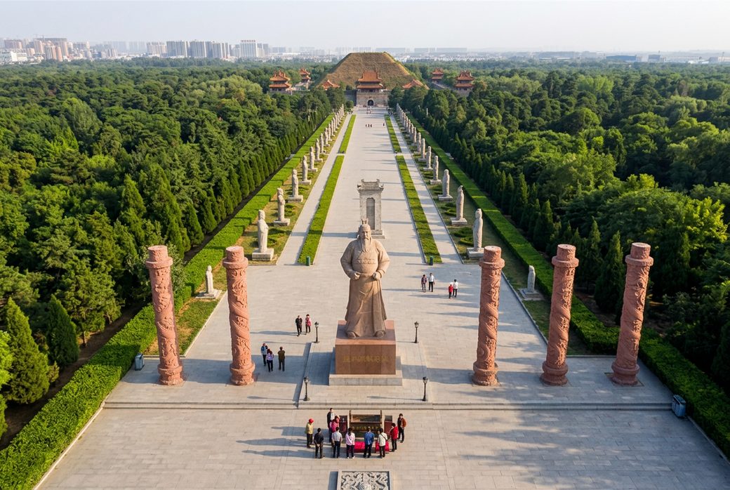 Qianling Mausoleum stone spirit way with rows of giant stone statues leading to a hill tomb Shaanxi Tang Dynasty