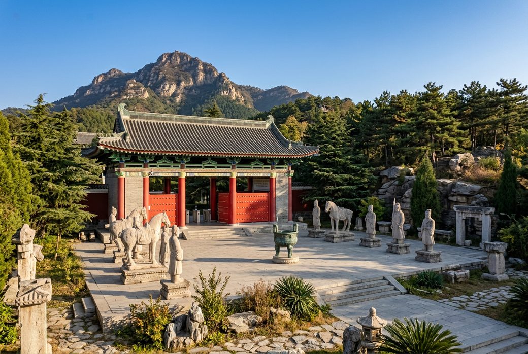 Zhaoling Mausoleum Jiuzong Mountain Tang Taizong tomb hilltop with museum and stone sculptures Shaanxi