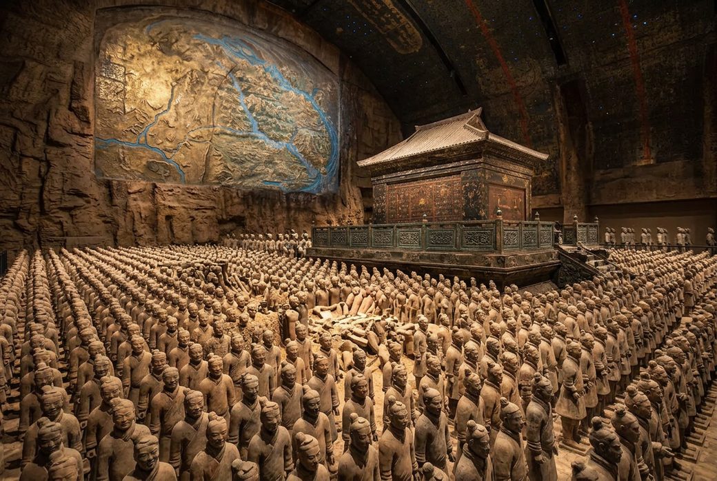 Xianyang Museum Han terracotta soldiers rows of small figures on display warm lighting Shaanxi