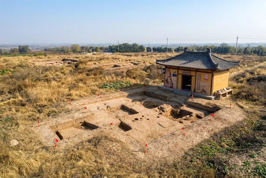 Qin Xianyang Palace site excavated rammed earth platform with small museum pavilion Shaanxi