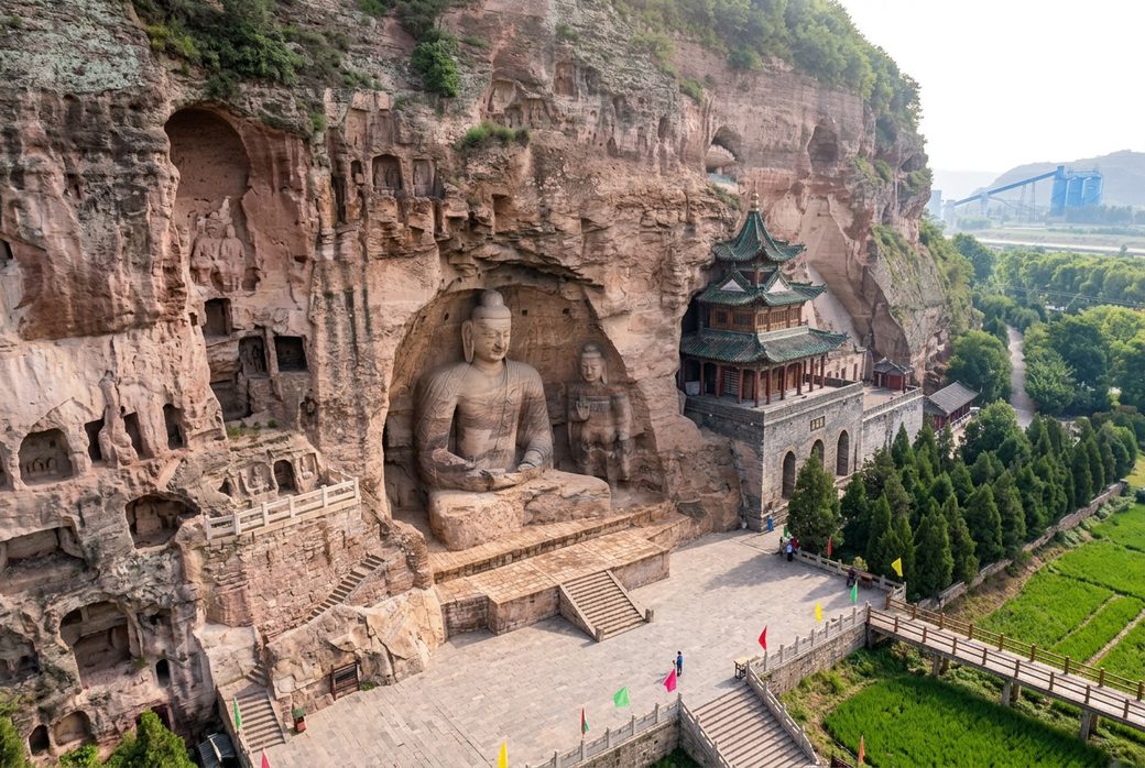 Great Buddha Temple Grottoes Binzhou cliff face with giant Tang Buddha statue and wooden pavilion Shaanxi