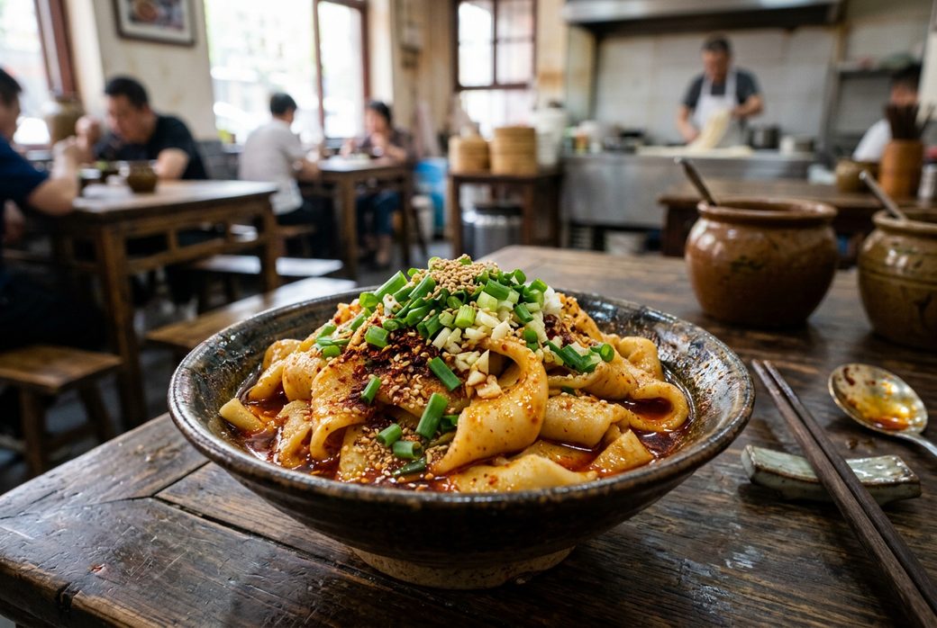 Biangbiang noodles wide hand-pulled noodles with chili oil and scallions in a bowl Shaanxi