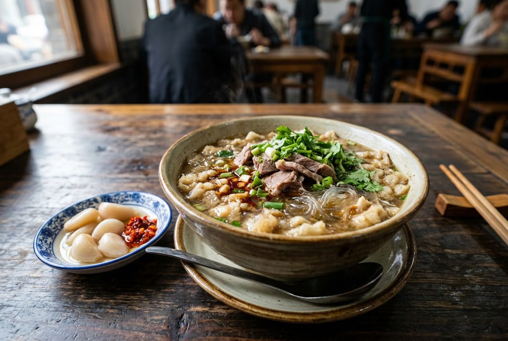Yangrou paomo lamb soup with torn flatbread in a bowl pickled garlic on the side Shaanxi