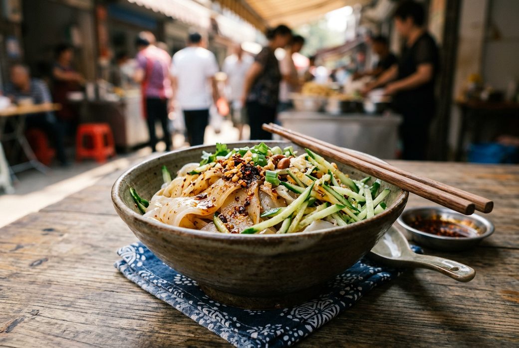 Liangpi cold noodles with cucumber and chili oil in a bowl summer snack Shaanxi