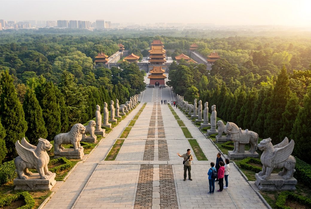 Tour guide explaining Qianling spirit way statues to visitors in morning light Shaanxi