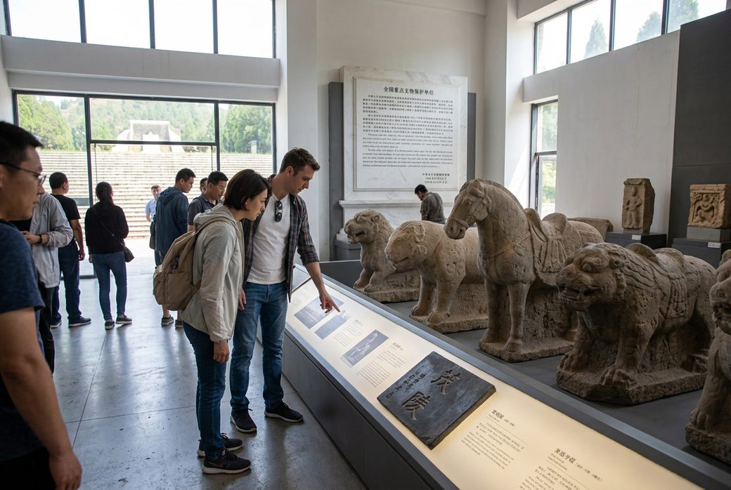 Visitors studying exhibits at Maoling Museum stone sculpture hall Shaanxi Han Dynasty