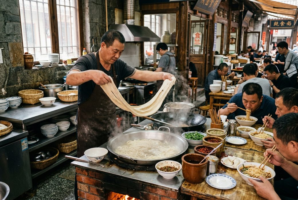 Noodle shop kitchen with cook pulling wide noodles and customers eating Xianyang Shaanxi