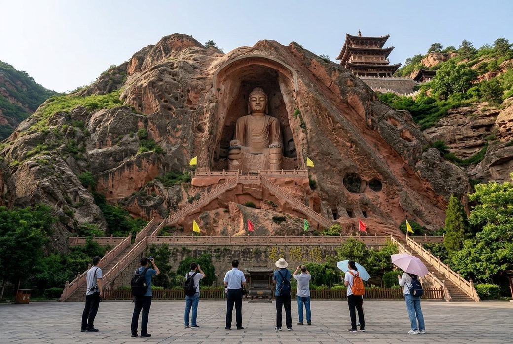 Visitors at the foot of the Great Buddha at Binzhou grottoes looking up at carved Tang Buddha