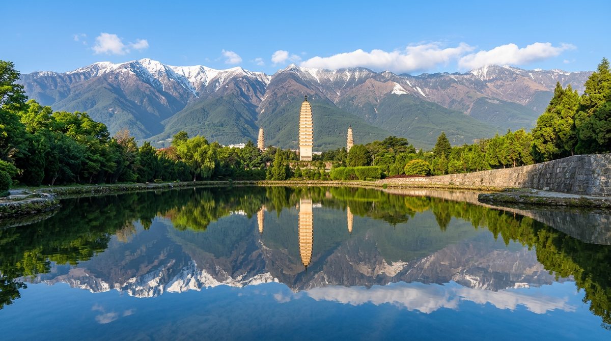 Cangshan range above Dali with the Three Pagodas in the foreground