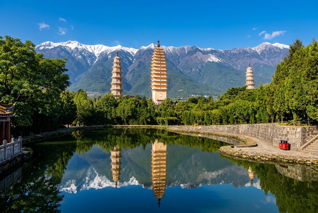 The Three Pagodas of Chongsheng Temple with Cangshan behind