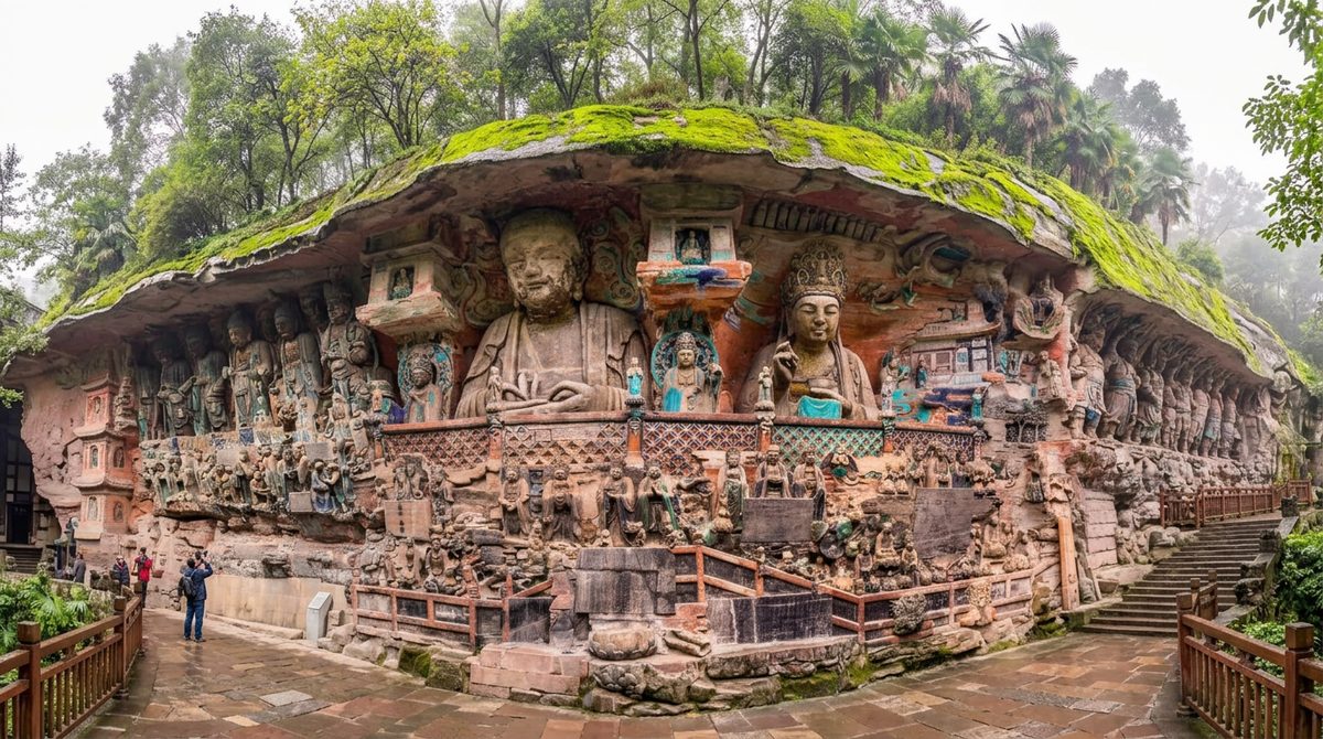 Painted Buddhist rock carvings at Baodingshan, Dazu