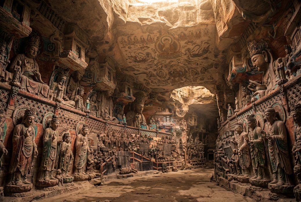 Carved bodhisattvas inside Huayan Cave