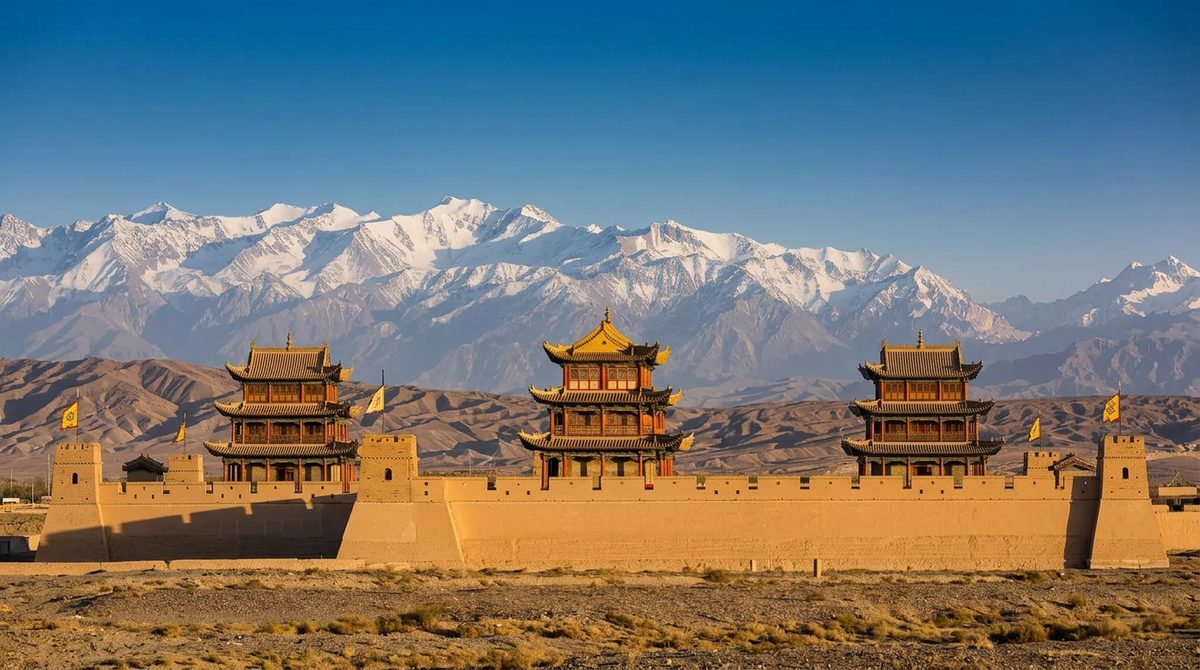 Jiayuguan Pass fort with three gate towers against the Gobi and mountains