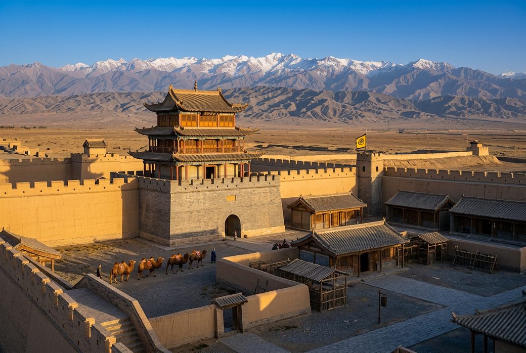 Gate tower of Jiayuguan Pass above the courtyard