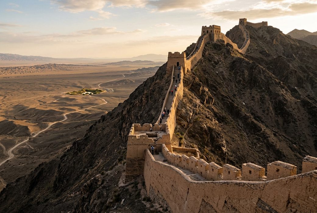 Overhanging Great Wall climbing a steep ridge
