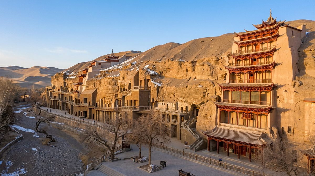 Cliff face of the Mogao Caves with rows of cave openings and wooden walkways