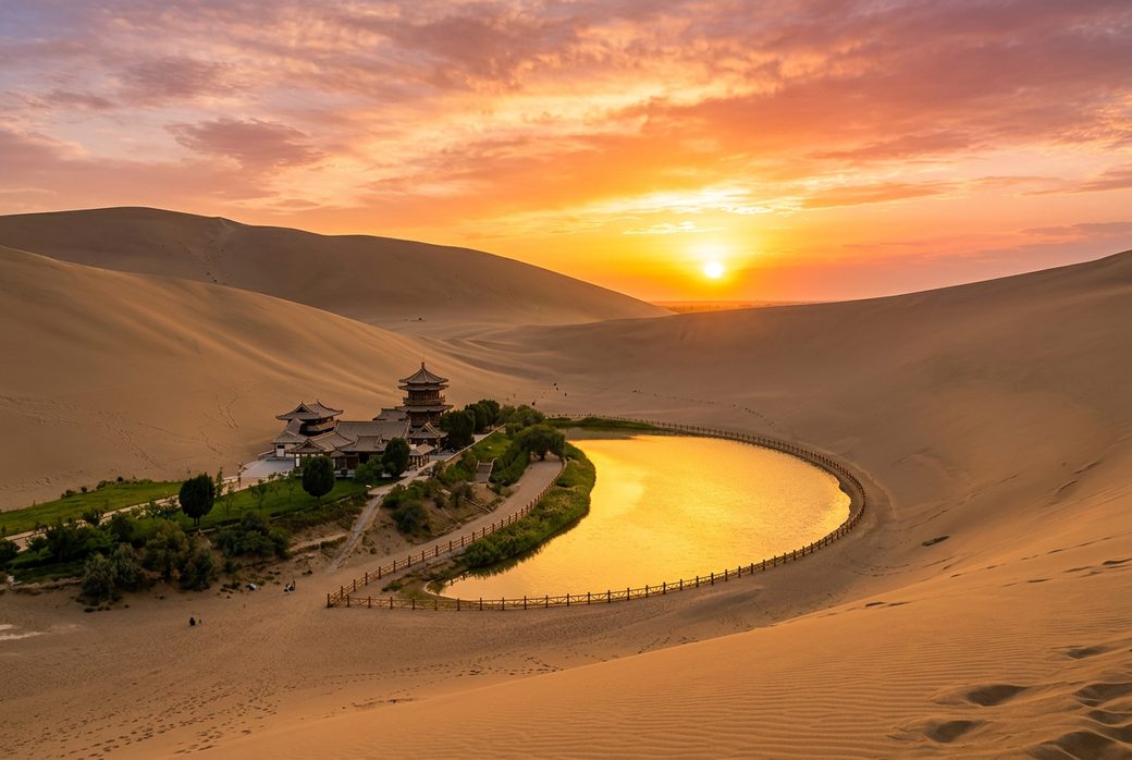 Crescent Lake and a pagoda among the Mingsha dunes