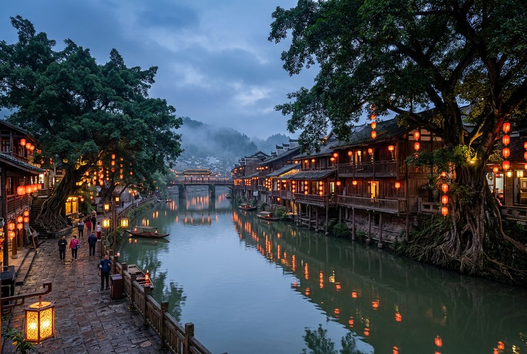Stilt houses and banyan trees along the river in Liujiang