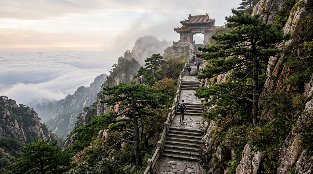 Stone stairway climbing Mount Tai through pines toward the South Heavenly Gate