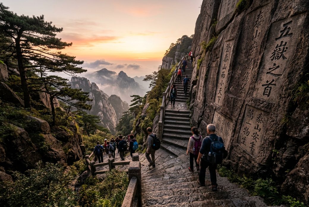 Mount Tai stone steps and inscriptions among pines