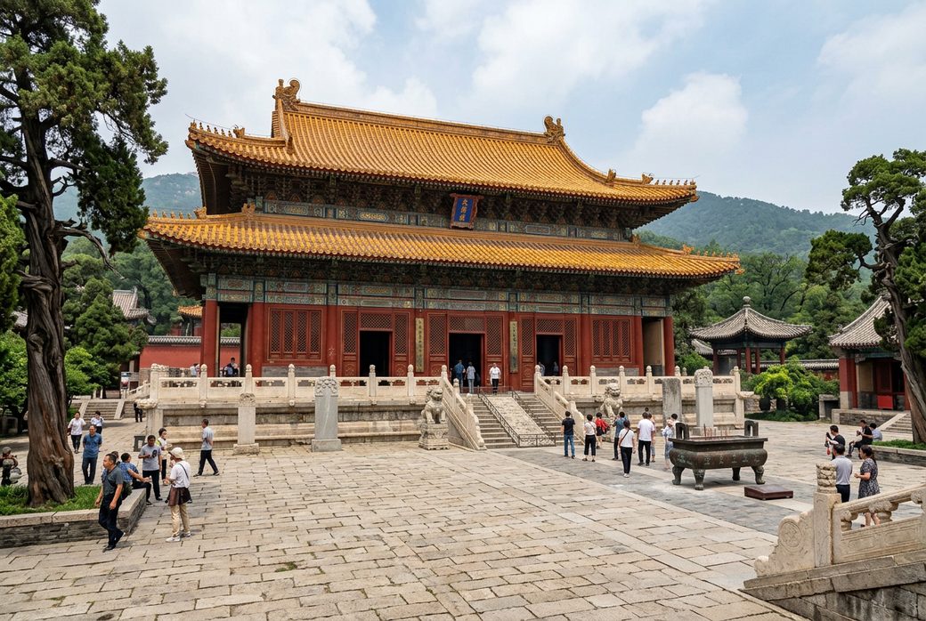 Main hall of Dai Temple with red walls and tiled roof