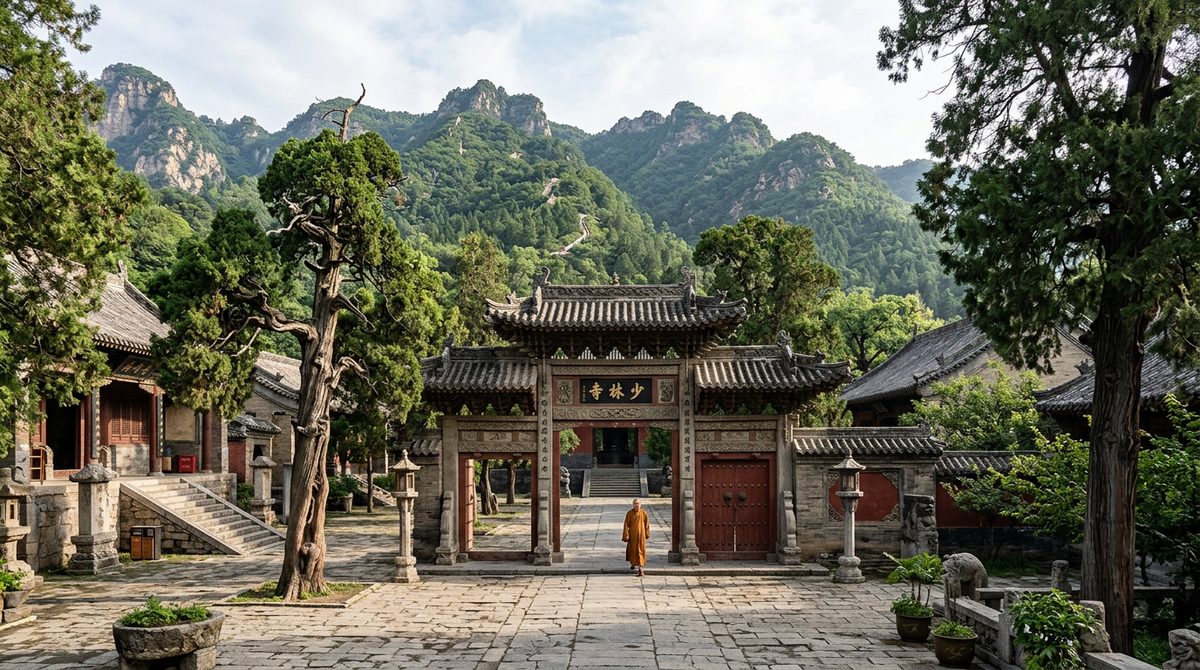 Shaolin Temple gate and courtyard at the foot of Mount Song