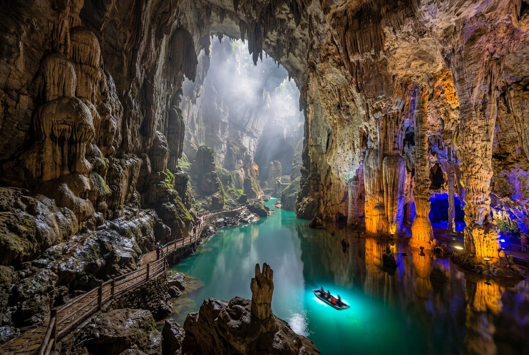 Underground river and limestone formations in Jiuxiang Caves