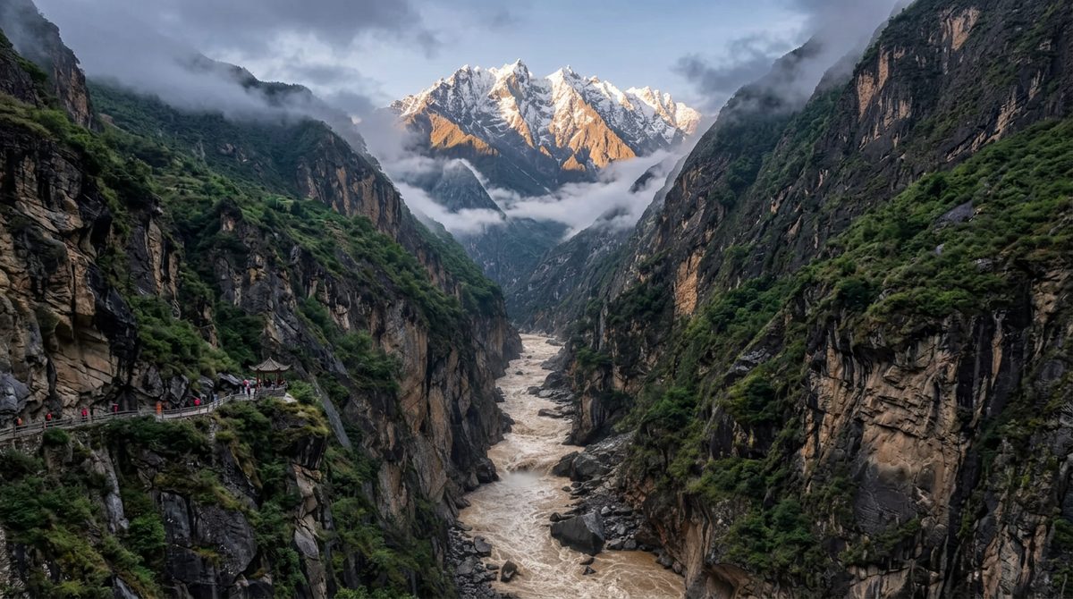 Tiger Leaping Gorge on the Jinsha River with steep cliffs and snow mountains behind