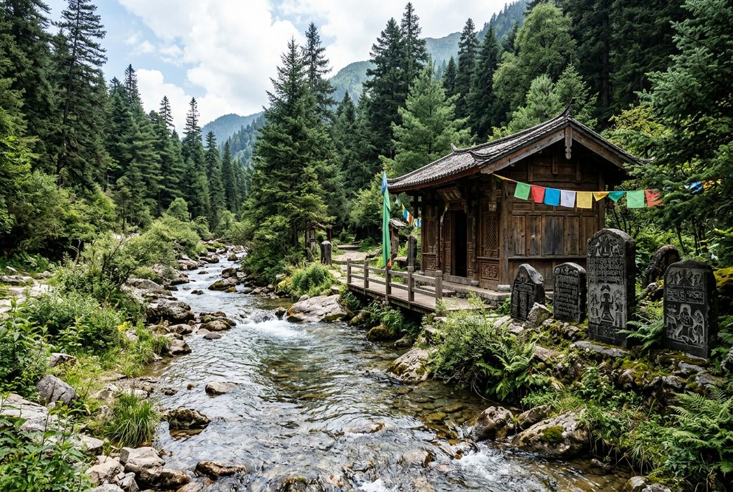 Dongba cultural site at Yushuizhai with wooden shrine and stream