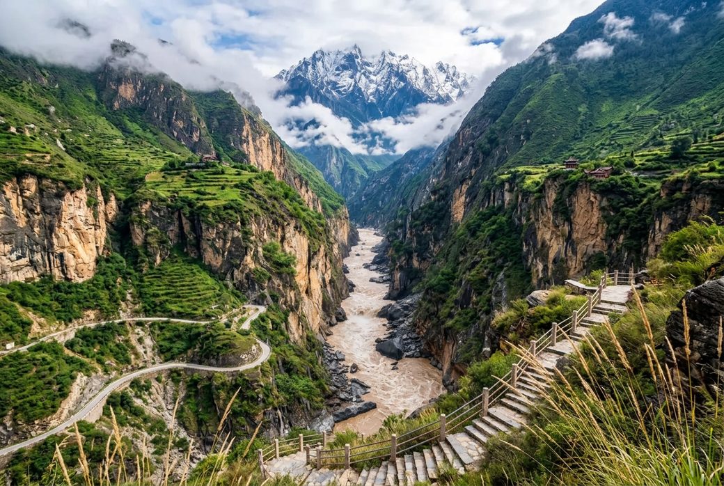 View down into Tiger Leaping Gorge from the trail
