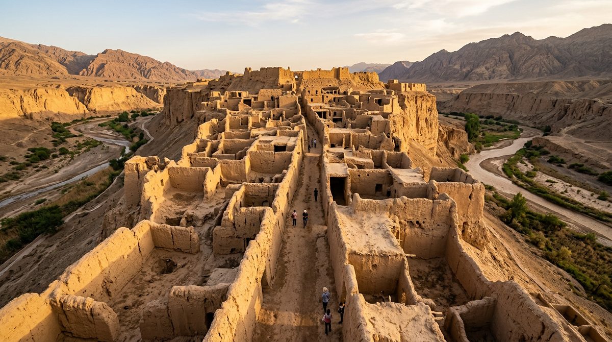 Earthen ruins of Jiaohe on a plateau between two river valleys